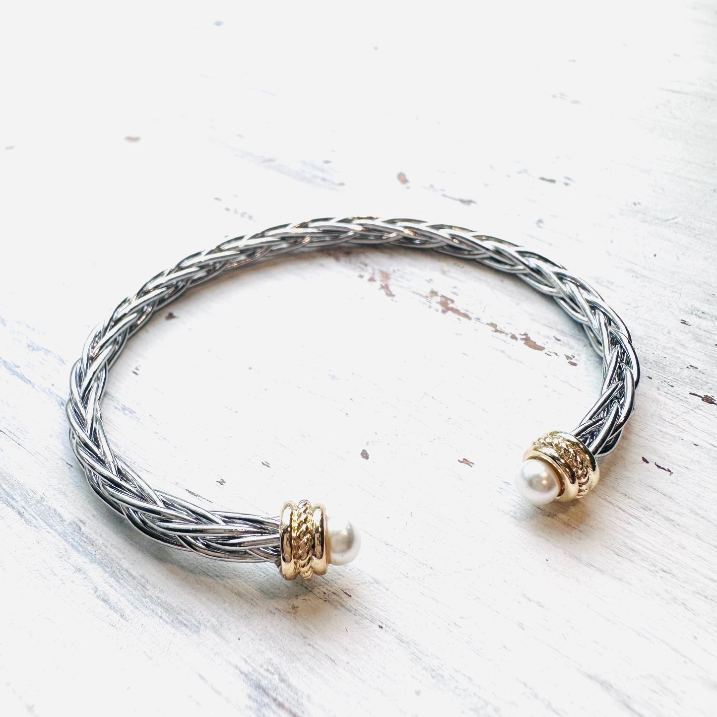 Silver Cable & Pearl Ends Cuff Bracelet