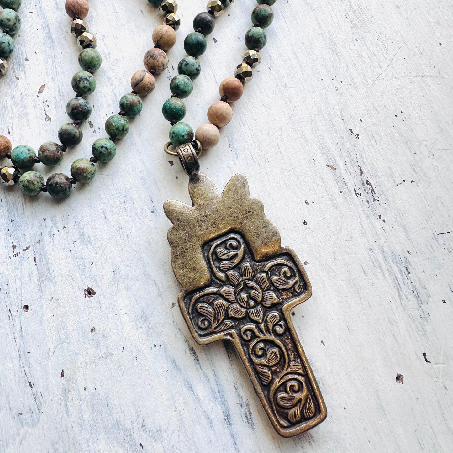 34" Neutral & Turquoise Jasper Bead Necklace with Ivory Cross Pendant