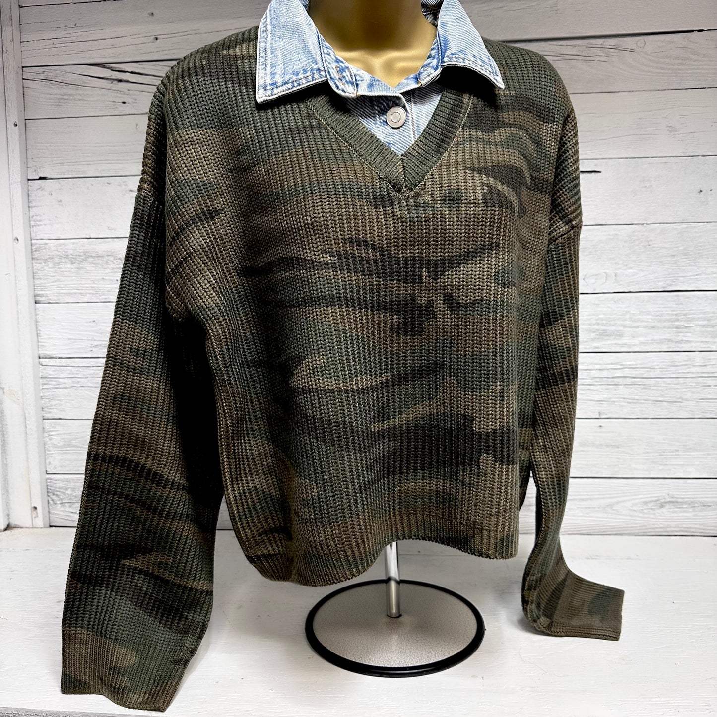 Denim Collared Camo Print V-Neck Sweater
