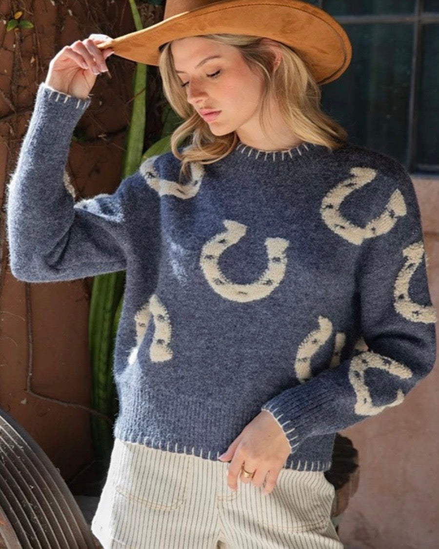 Midnight Whipstitch Horseshoe Knit Top