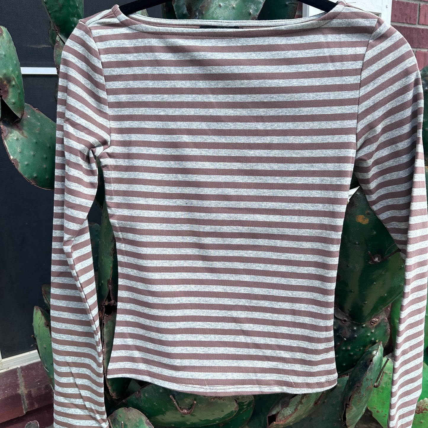 Boat Neck Striped Knit Top- Mocha