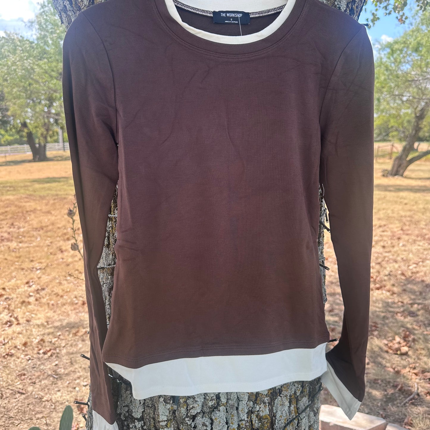 Layered Long Sleeve Knit Top- Brown