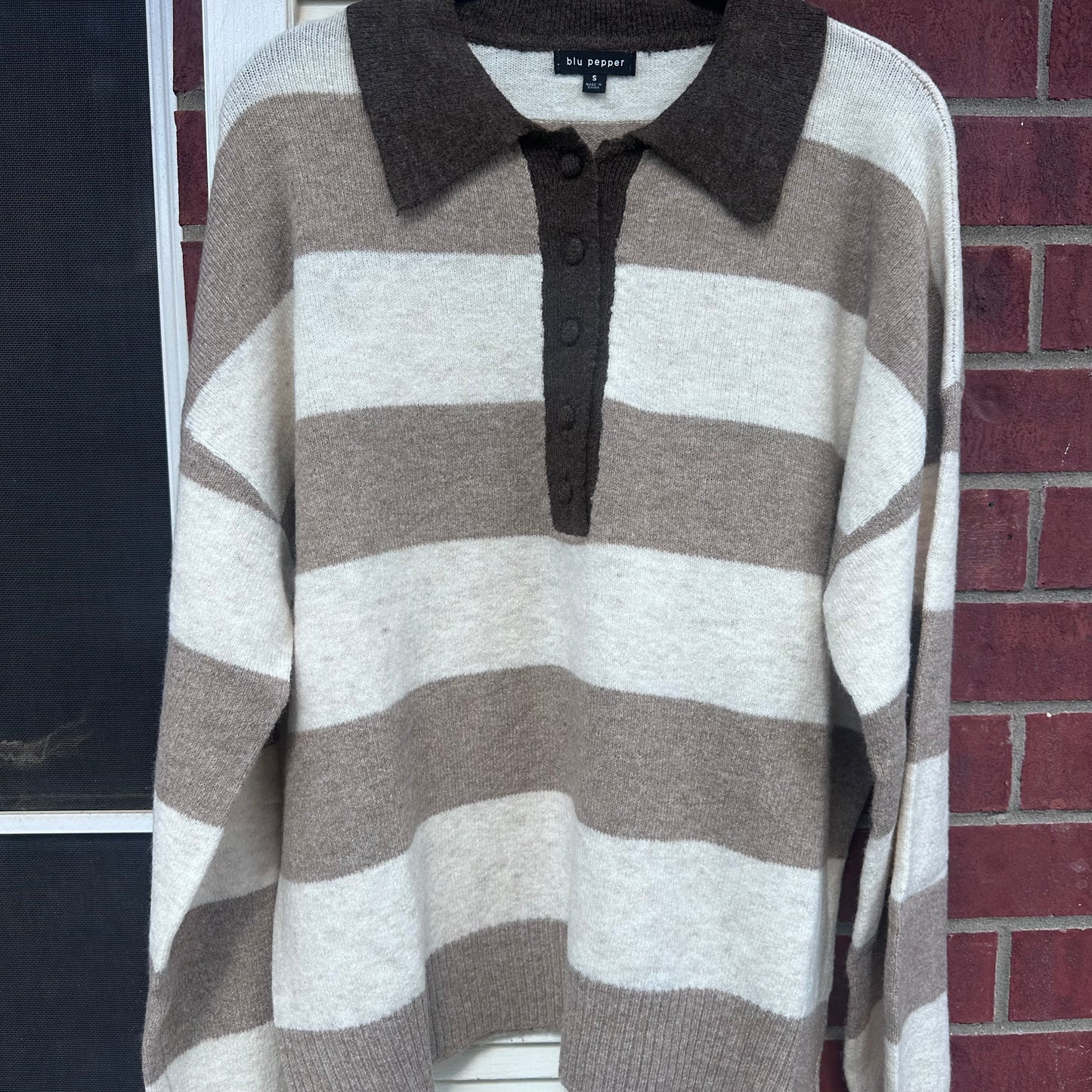 Mocha & Cream Striped Collared Polo Sweater