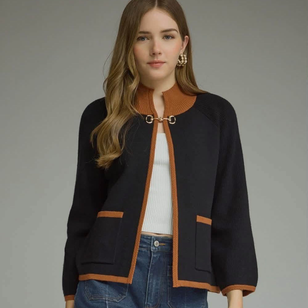 Black & Contrasting Trim Bit Closure Knit Sweater