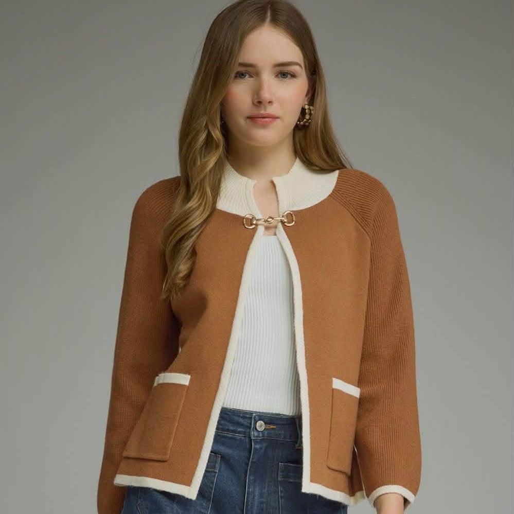 Camel & Contrasting Trim Bit Closure Knit Sweater