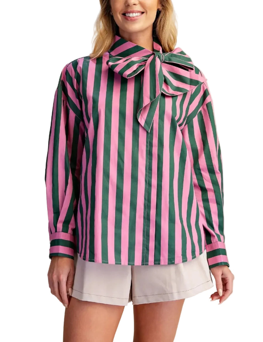 Pink & Deep Green Striped Neck Bow Long Sleeve Top