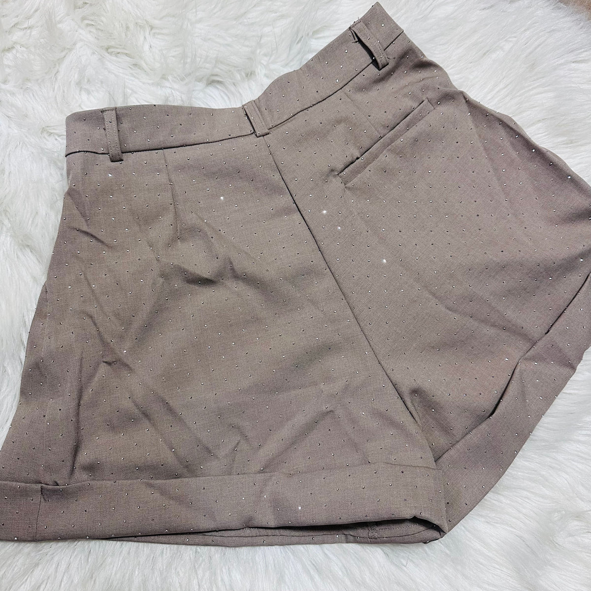 Mocha Rhinestone Cuffed Trouser Shorts