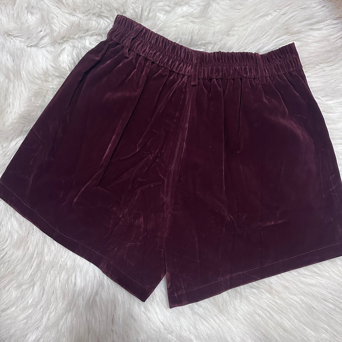 Burgundy High Waist Pleated Velvet Shorts