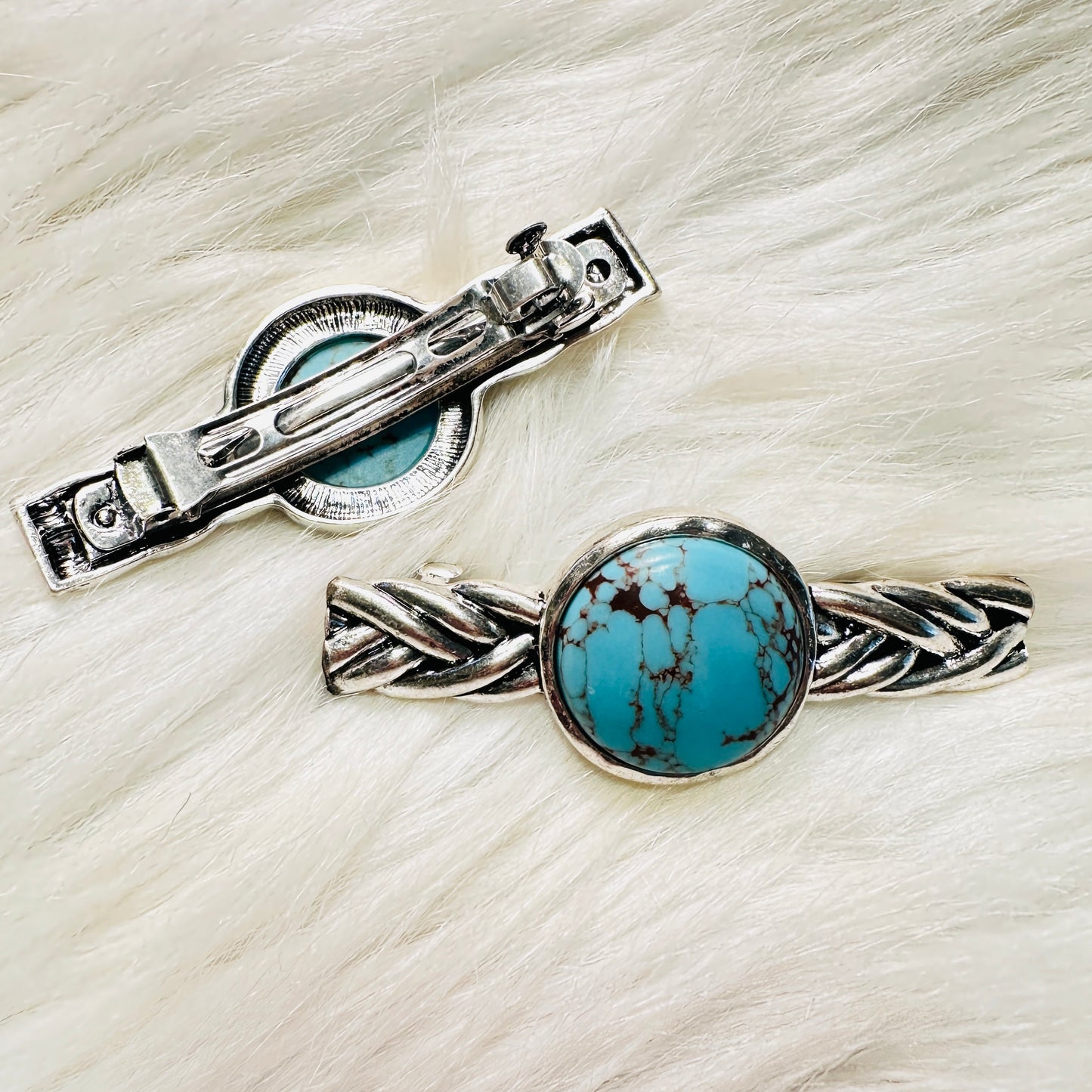Braided Silver with Turquoise Stone Hair Clip