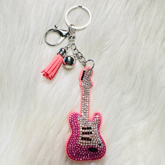 Pink Rhinestone Electric Guitar Tassel Keychain