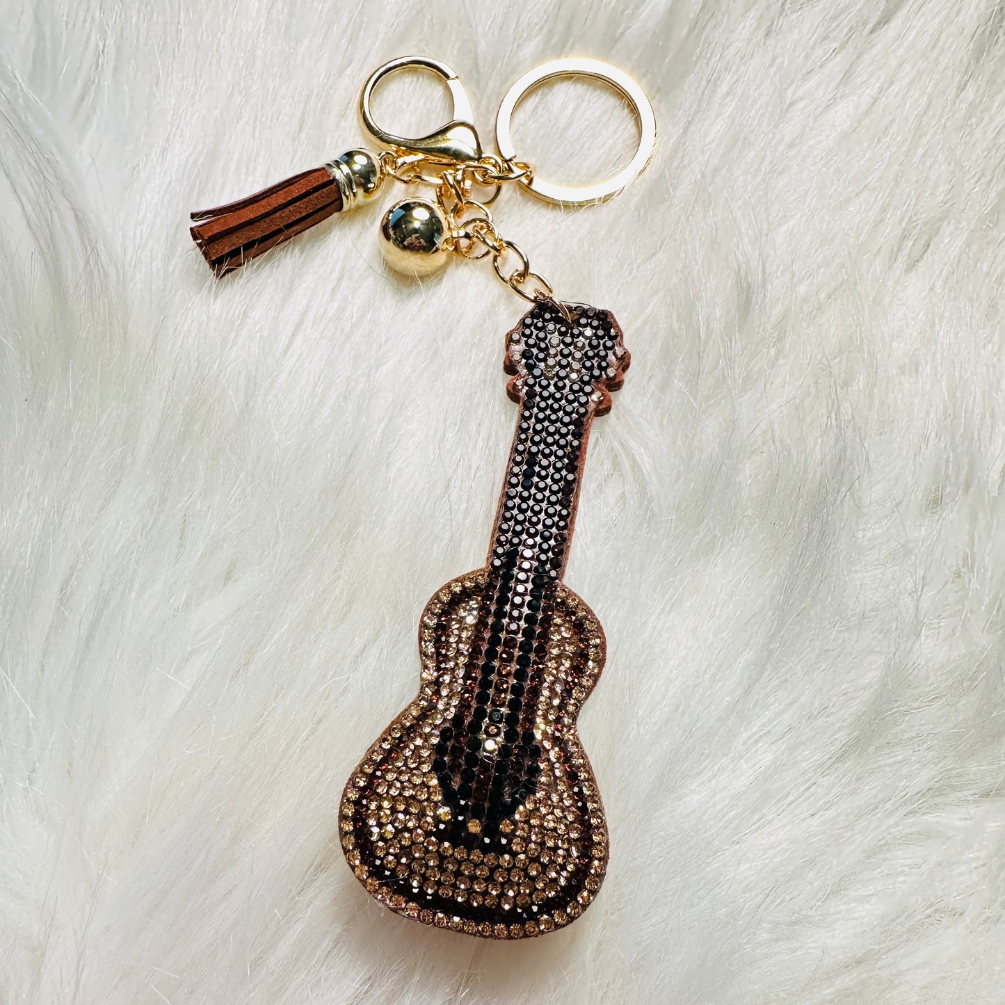 Brown Rhinestone Electric Guitar Tassel Keychain