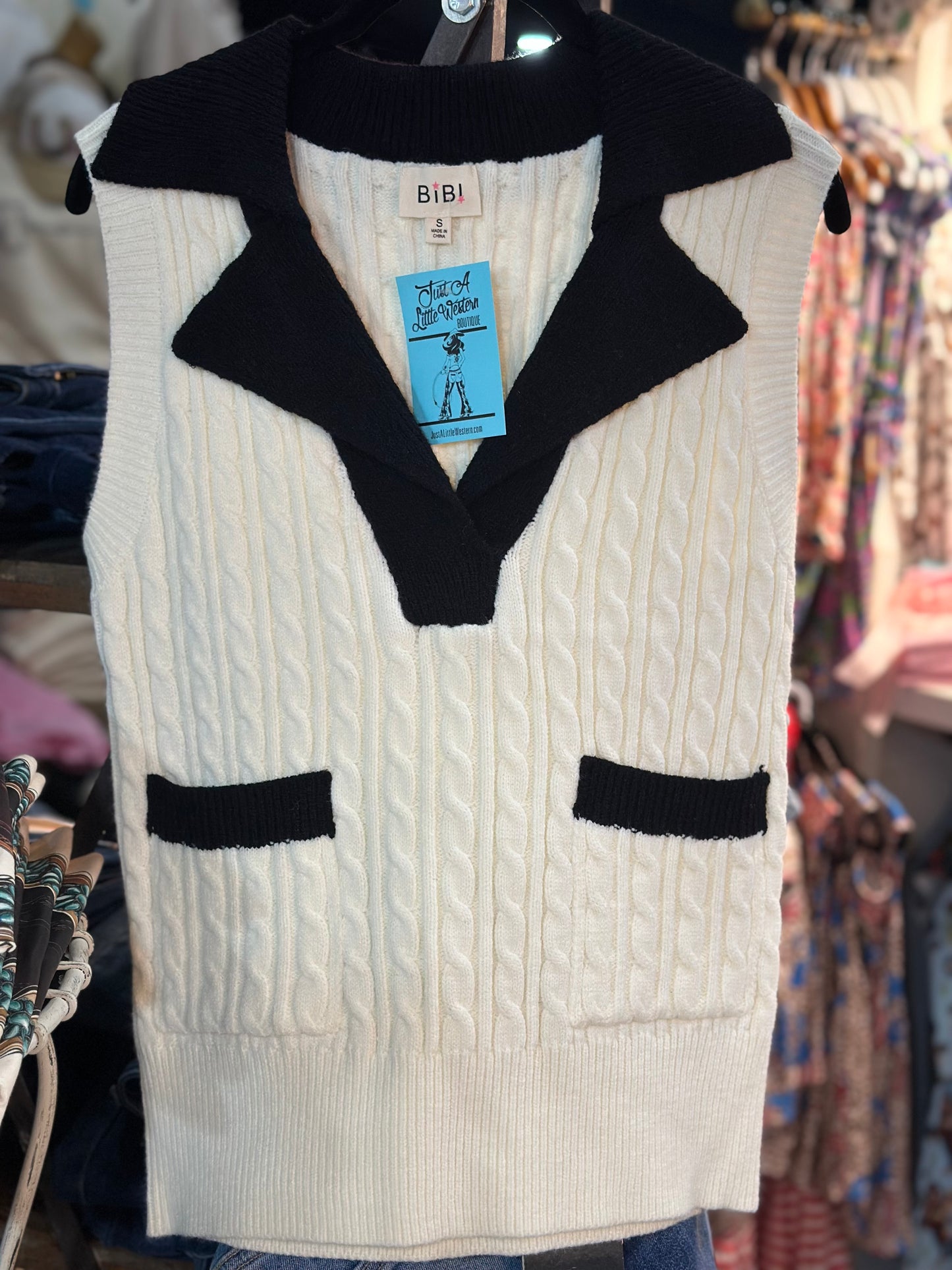Black & White Collared Cable Knit Sweater