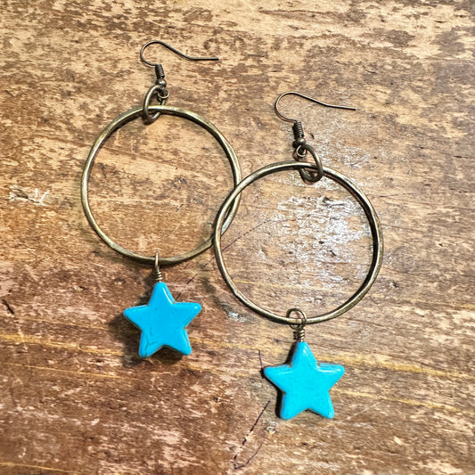 Small Bronze Hoop & Turquoise Star Dangle Earrings