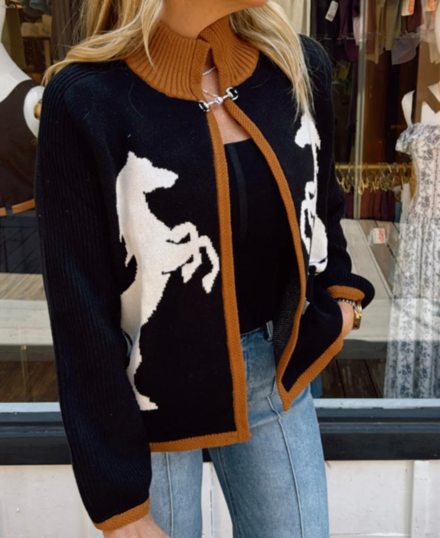 Brown & Black High Neck Horse Knit Cardigan