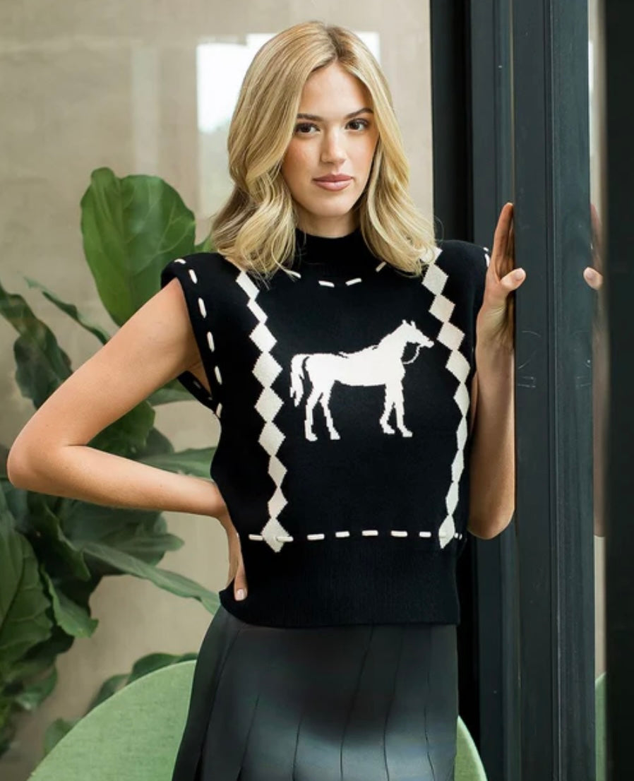 Black and White Sleeveless Horse Knit Vest