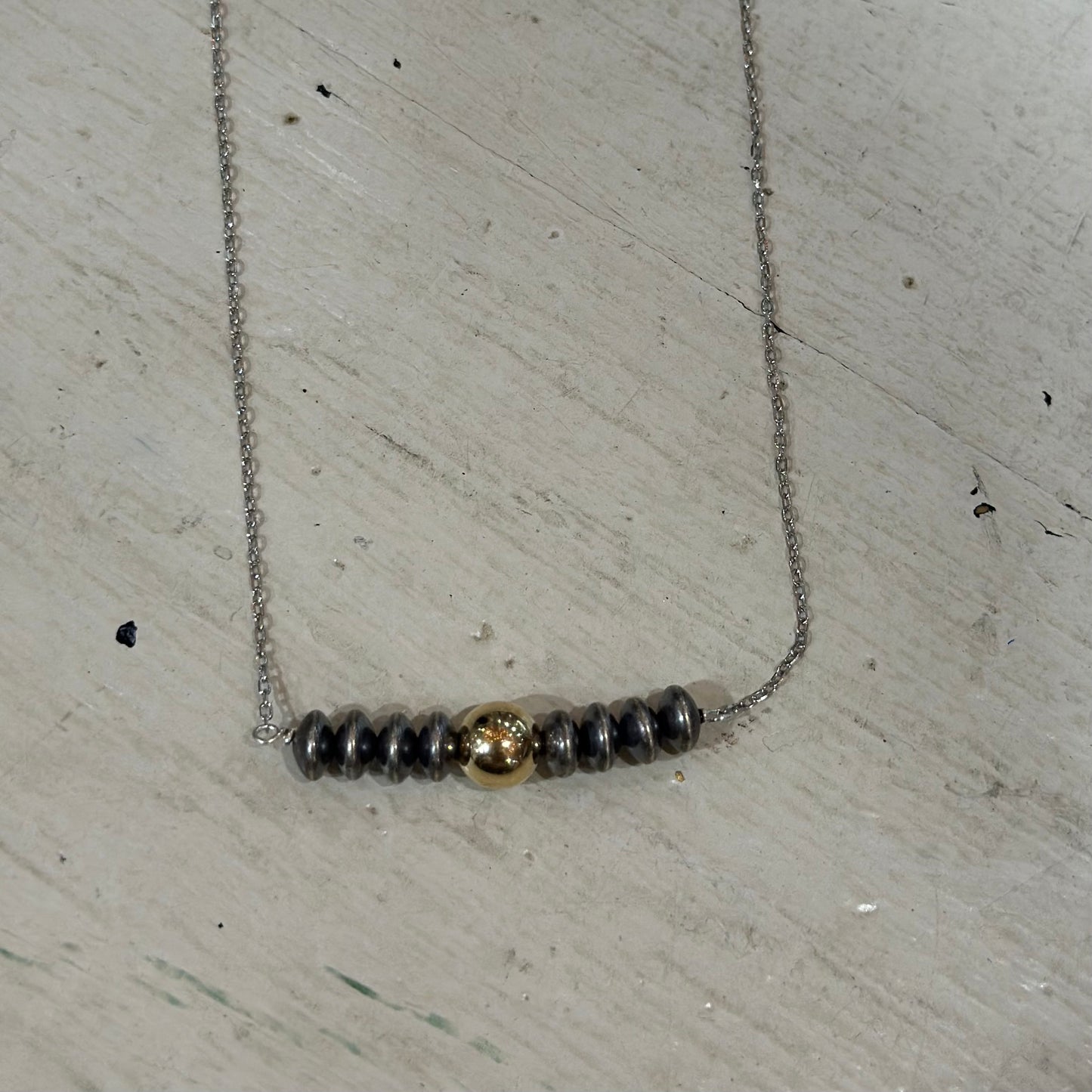 Sterling Saucer Pearl Bead & Gold Bar Necklace