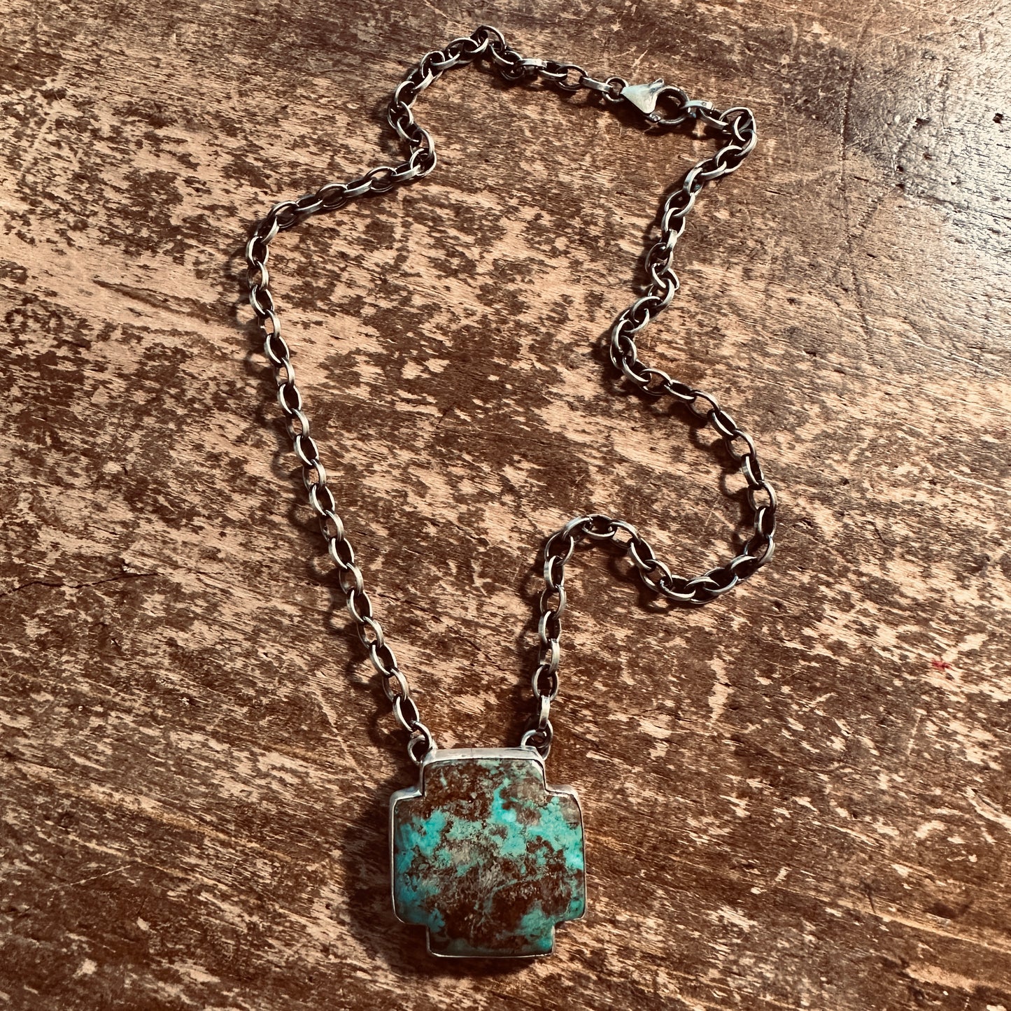 Sterling 19" Sonoran Turquoise Block Cross Necklace