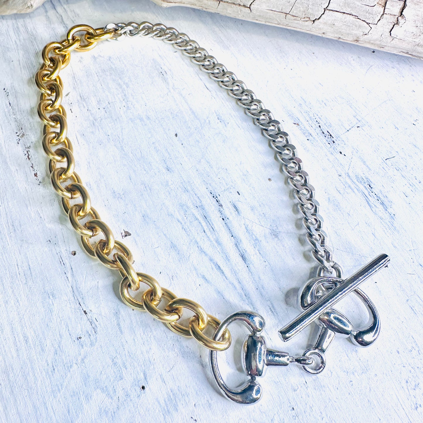 Yochi NY Half Gold Half Silver Bit Toggle Necklace