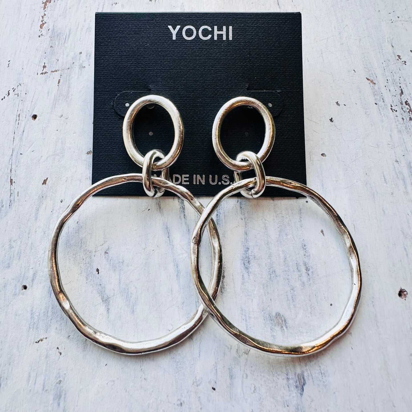 Yochi Silver Hammered Oval & Hoop Earrings