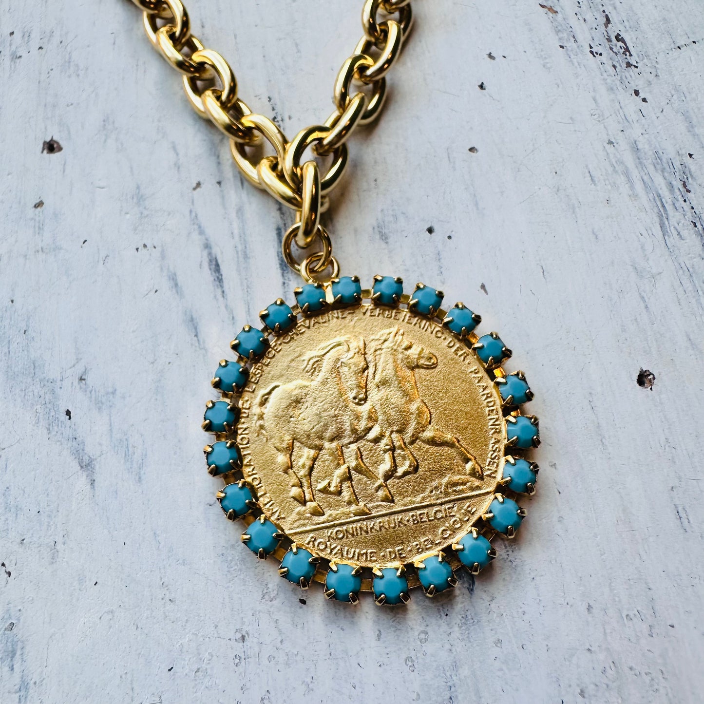 Yochi Turquoise & Running Horses Medallion Necklace