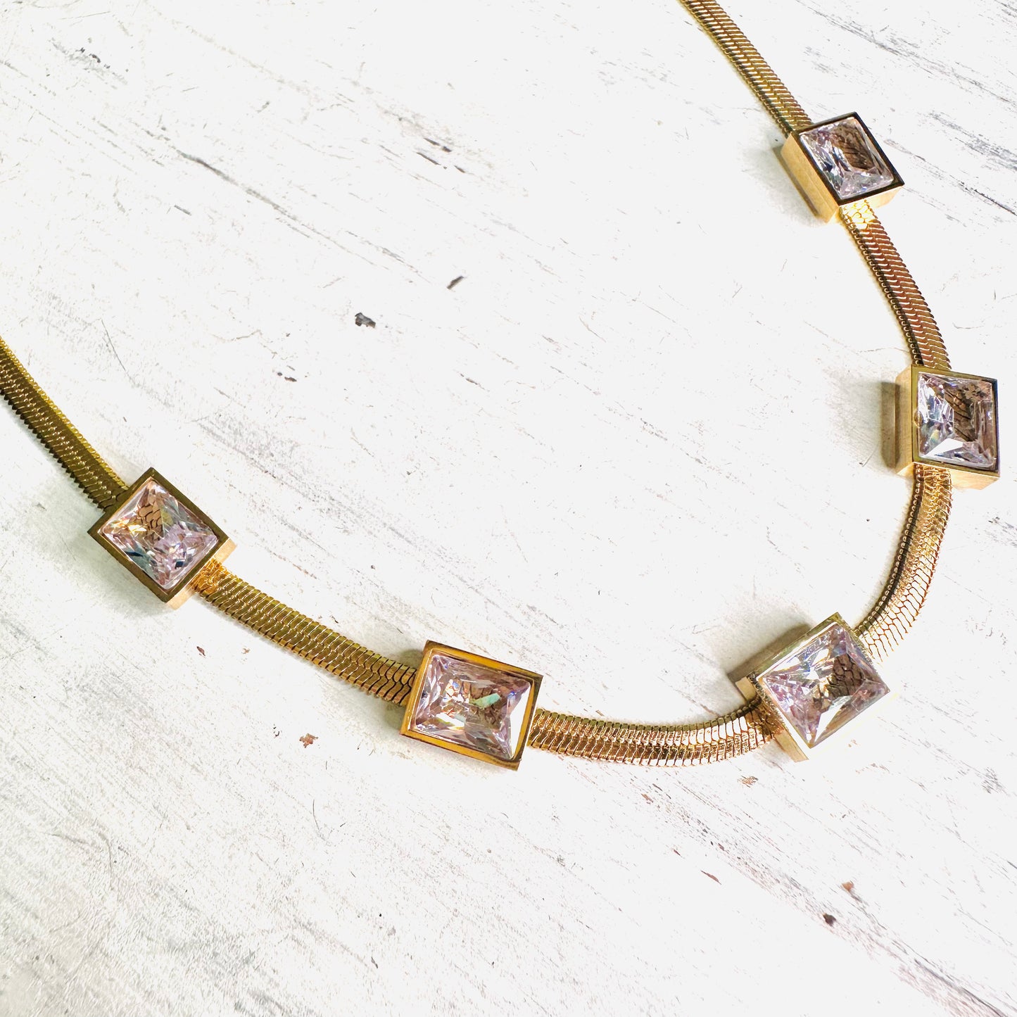 Gold Herringbone & Square Rhinestone Necklace