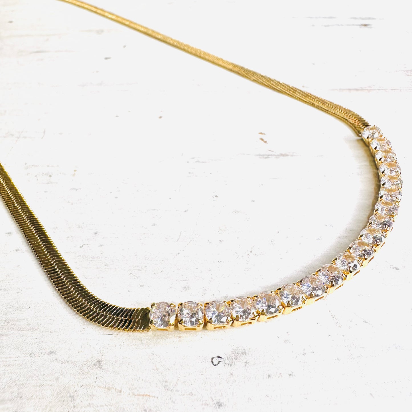 Gold Plated Rhinestone & Herringbone Necklace