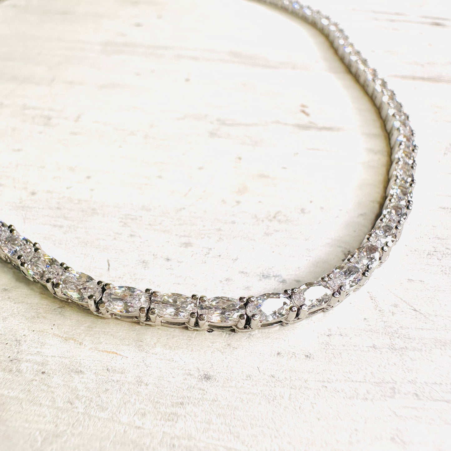Silver Plated Oval Rhinestone Tennis Necklace