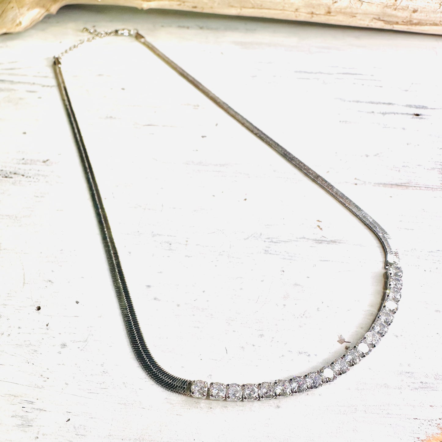 Silver Plated Rhinestone & Herringbone Necklace