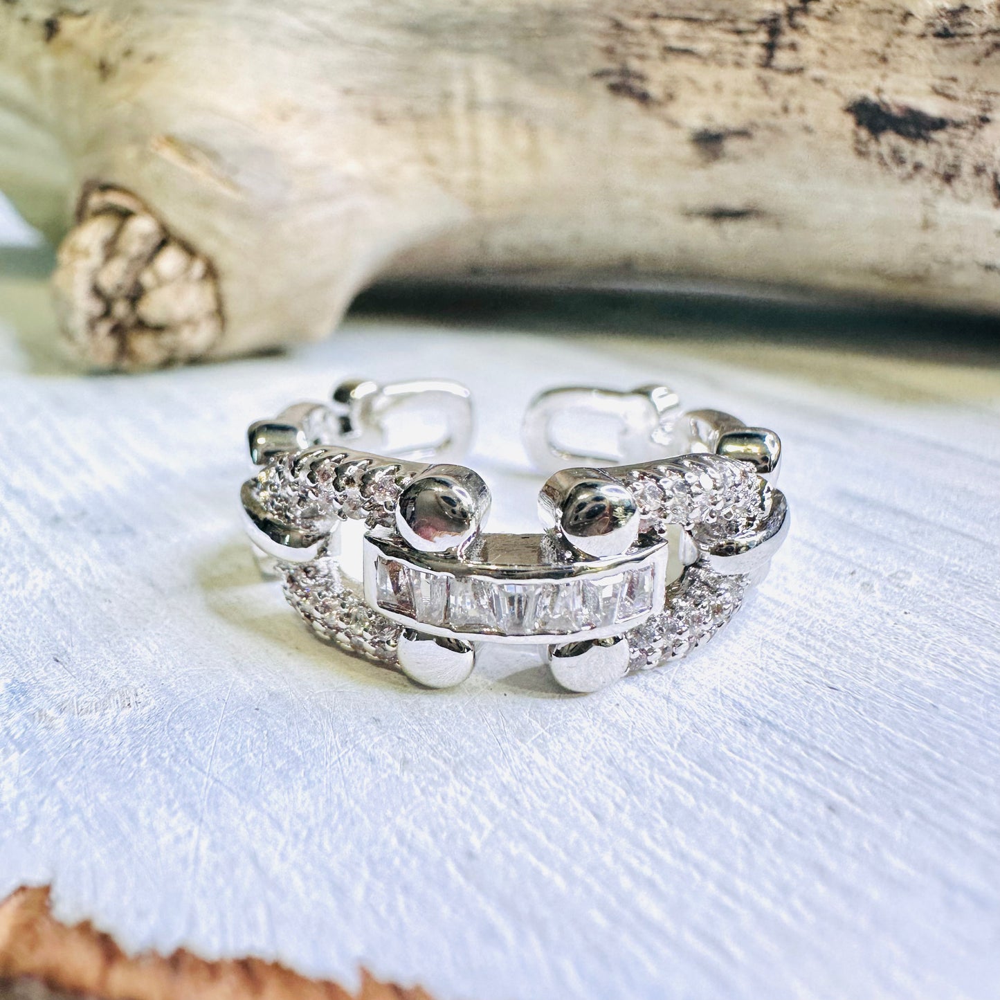 Silver Bit & Baguette Adjustable Ring