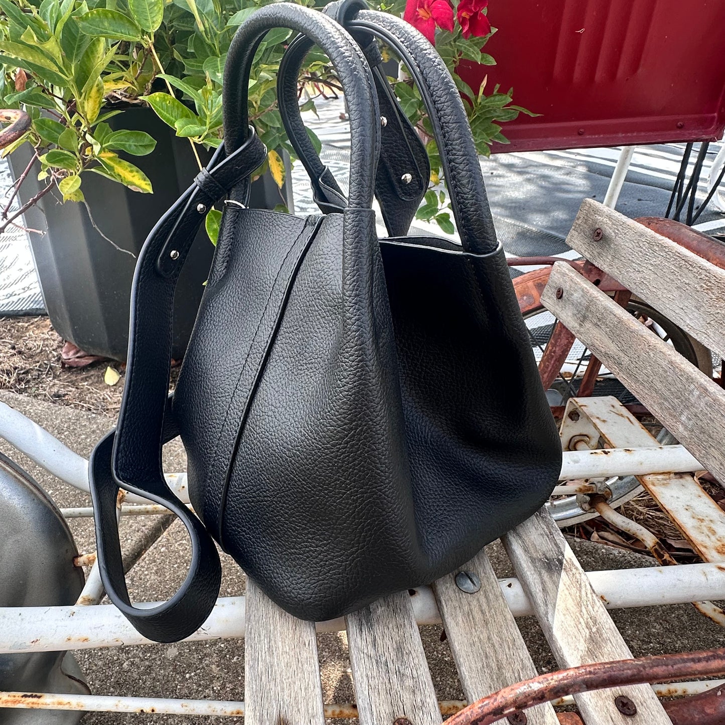 Faux Leather Pleated Mini Bucket Bag- Black