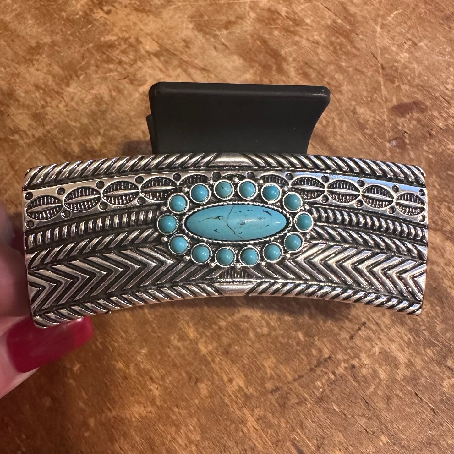 Black Hair Clip with Silver & Turquoise Concho