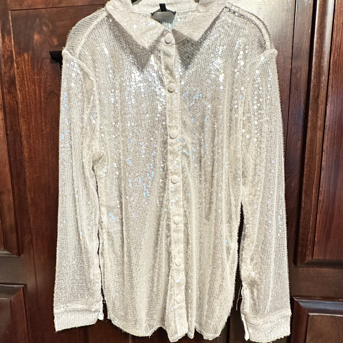 White Sequin Button Down Top