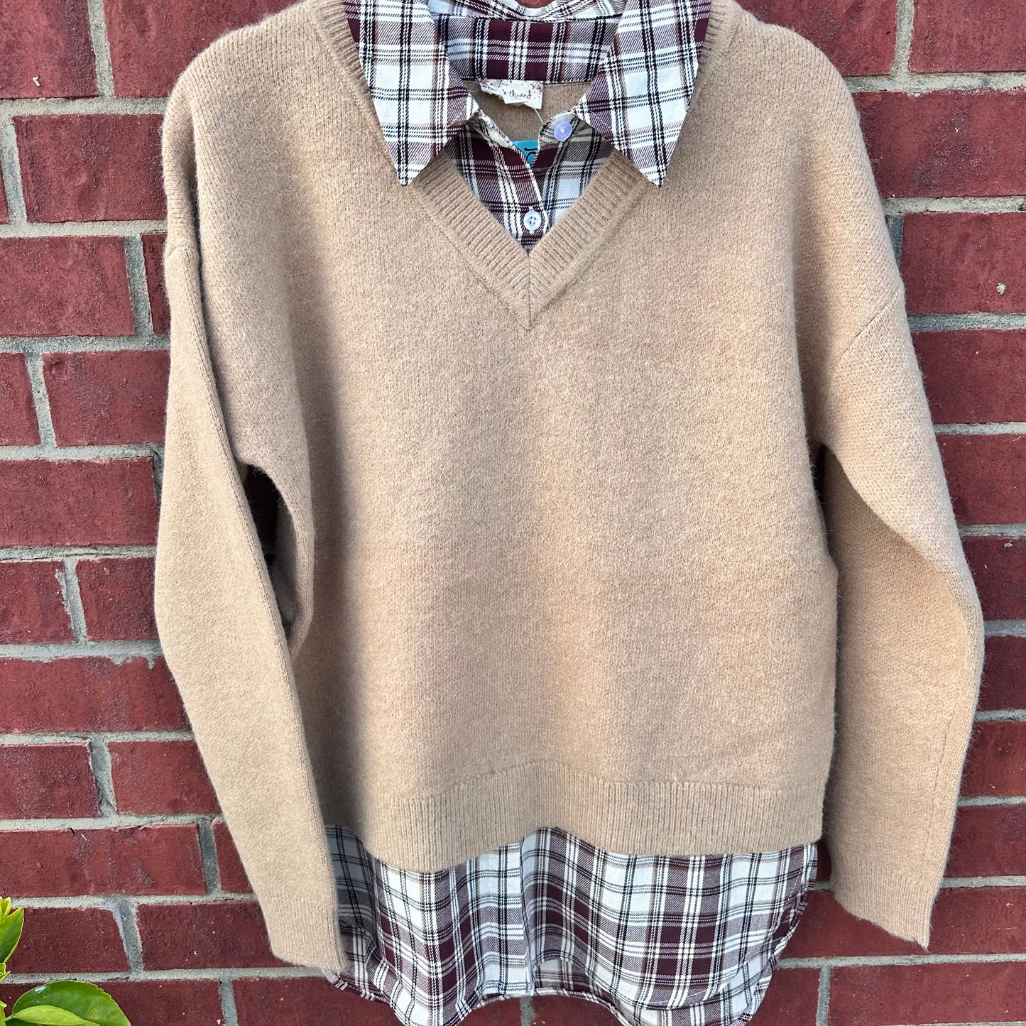 Tan Sweater & Burgundy Plaid Top