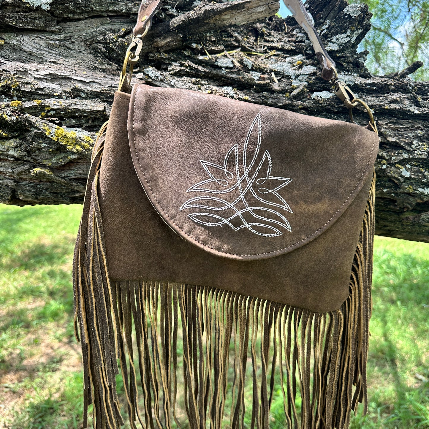 Carolina Boot Stitch Brown Fringed Crossbody Purse