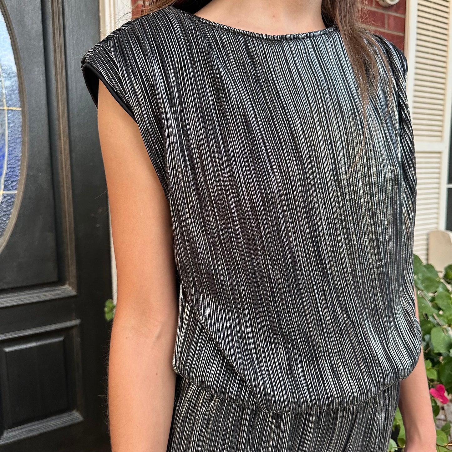 Black Metallic Pleated Top & Pant Set
