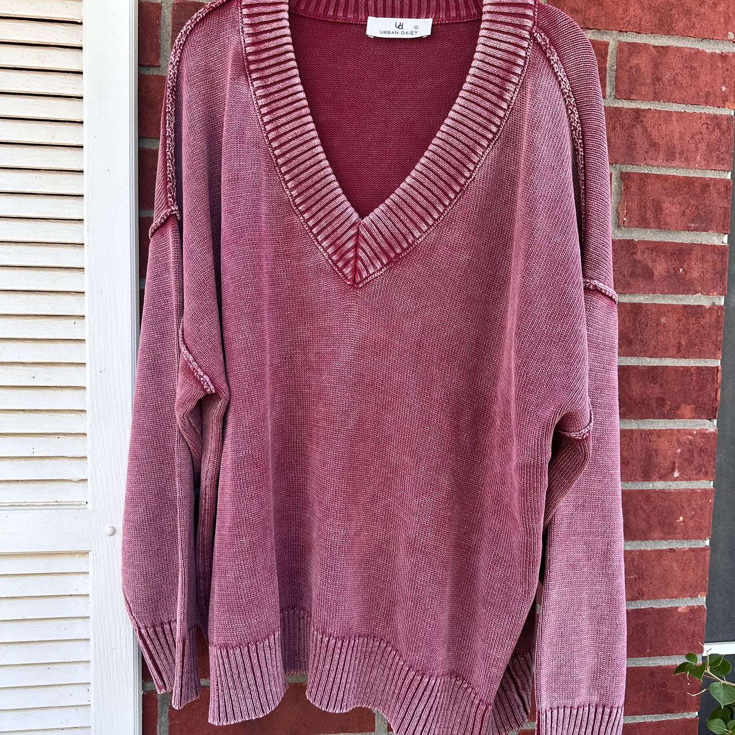 Burgundy Washed Oversized V-Neck Sweater