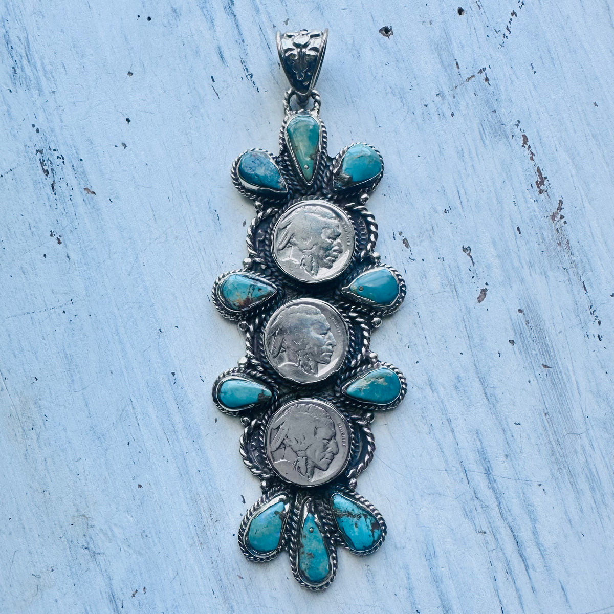 Triple Coin & Turquoise Pendant