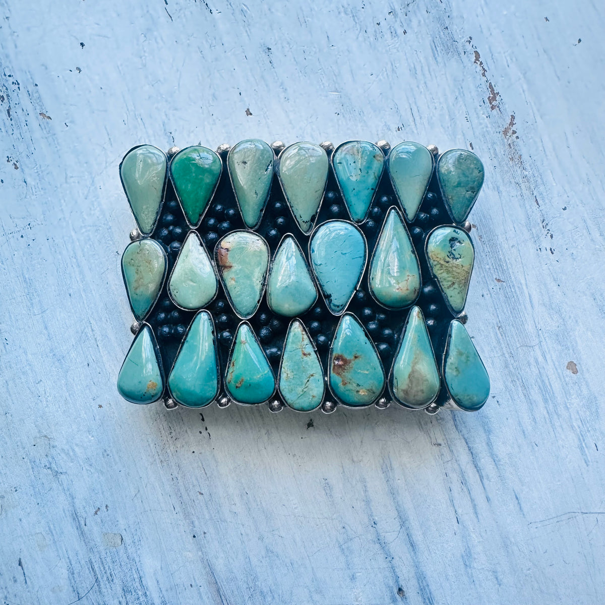 3 Row Teardrop Turquoise Coin Silver Belt Buckle