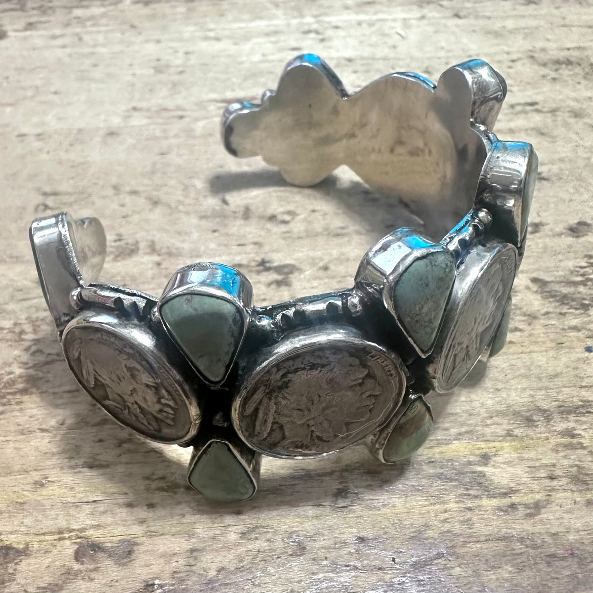 Indian Coins & Turquoise Coin Silver Cuff Bracelet