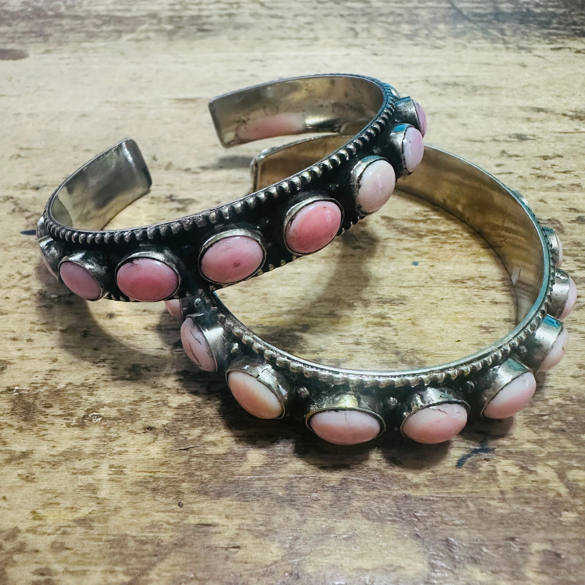 Pink Stone Coin Silver Cuff Bracelet