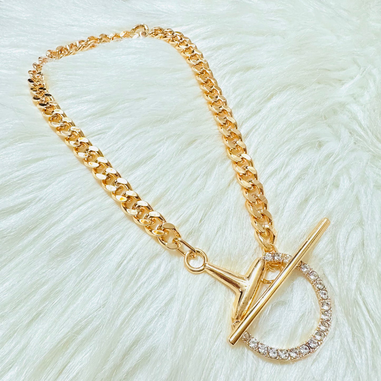 Gold & Rhinestone Toggle Bit Curb Chain Necklace