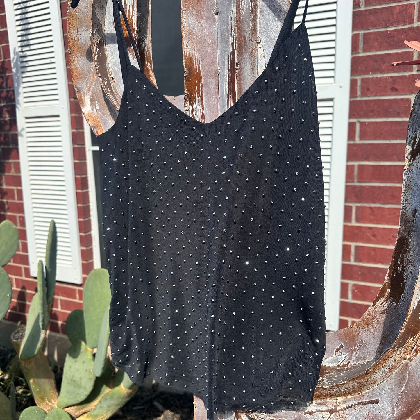 Black Double Strap Embellished Mesh Tank Top