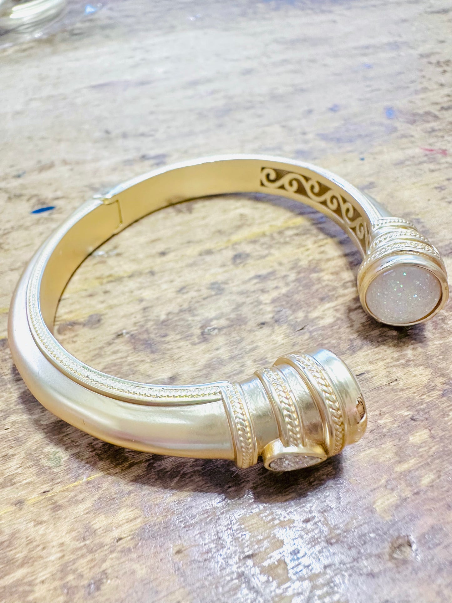 Matte Gold & Iridescent Stone Hinge Bracelet