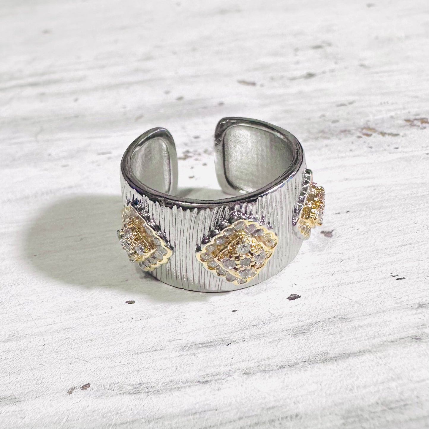 Gold Diamond CZ Silver Ribbed Cuff Ring