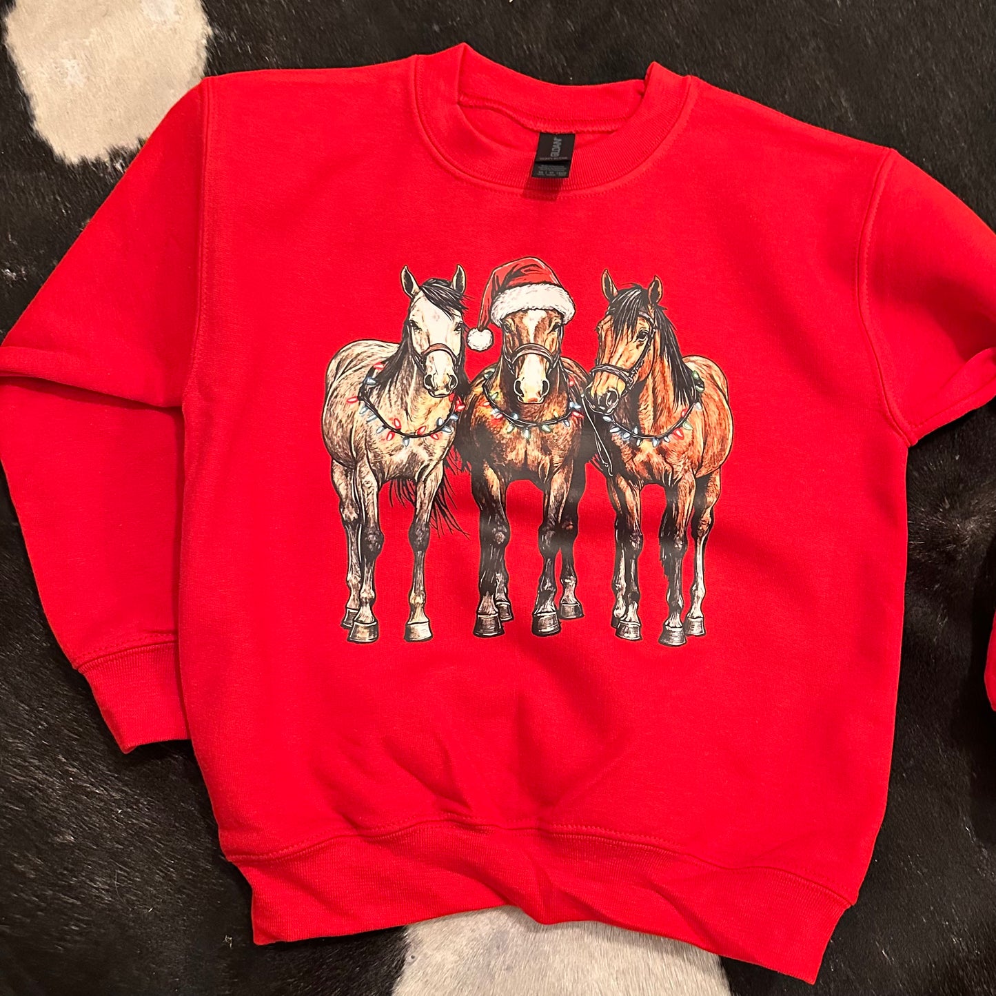 Youth Red Sweatshirt with Christmas Horses