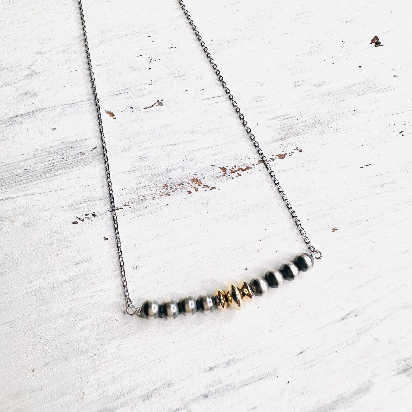 Sterling Bead & Gold Saucer Bar Necklace