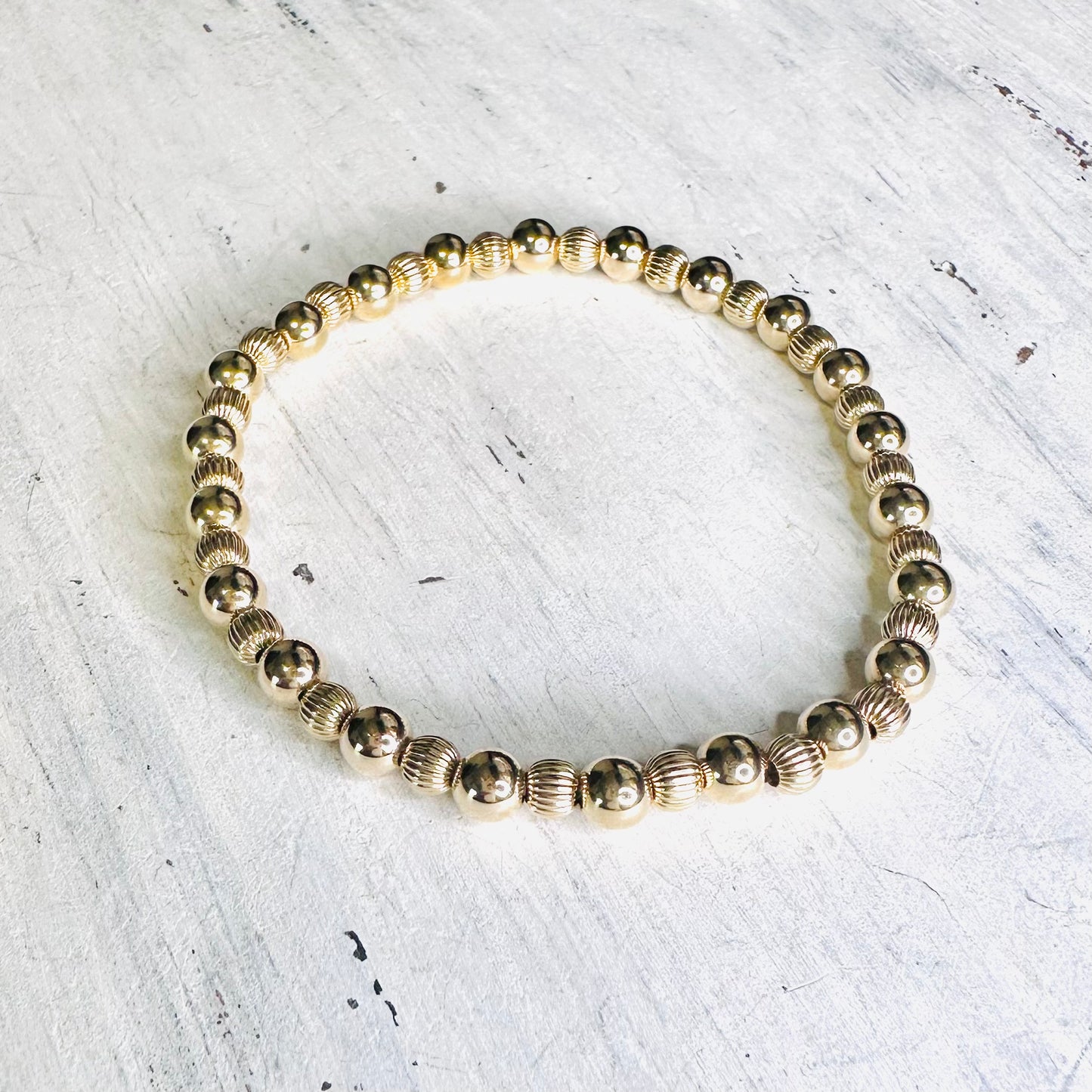 14K Textured & Smooth Gold Beaded Stretchy Bracelet
