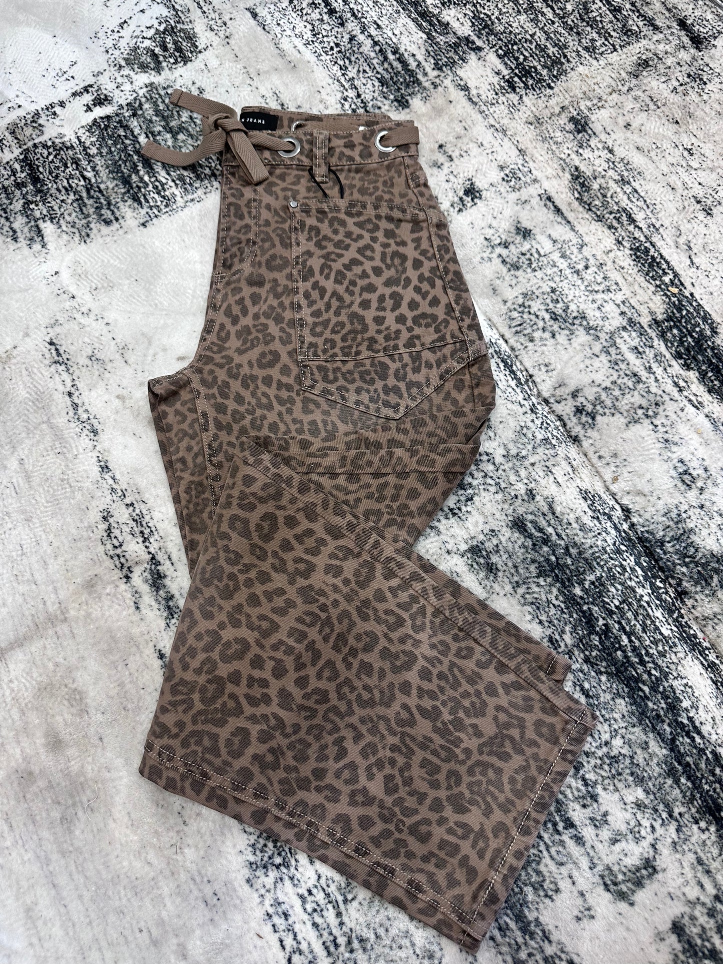 Risen Leopard Barrel Jeans Drawstring Waistband