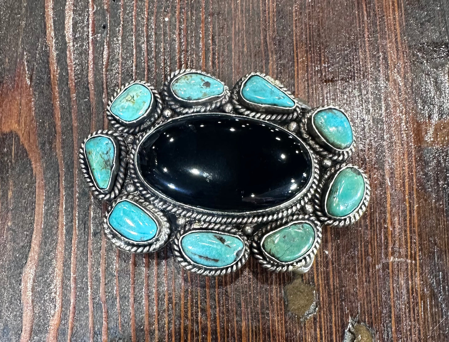 Turquoise & Onyx Coin Silver Belt Buckle