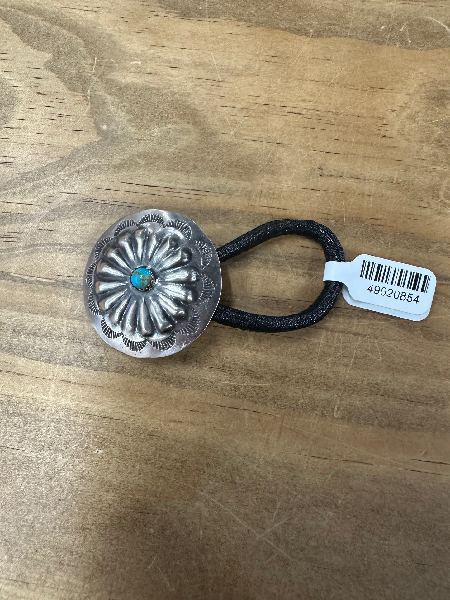 Large Sterling Silver Concho Hair Tie with Turquiose Stone